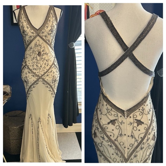 Vintage 90’s 100% Silk Beaded Dress Silk Slip Dress Backless White Gown Prom Y2K - Picture 3 of 16